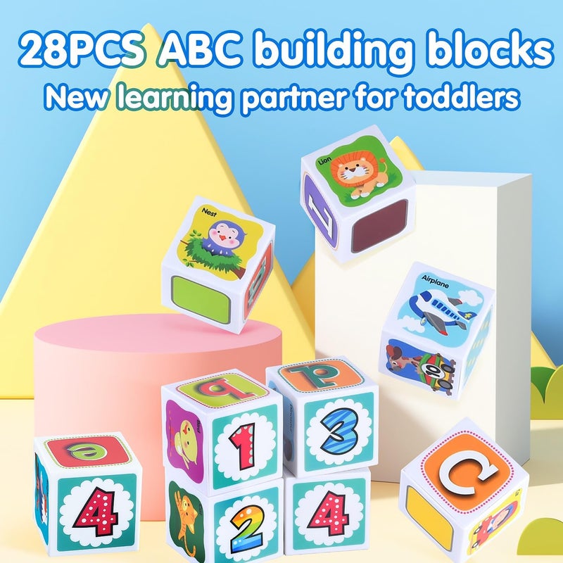 PLAY ABC Building Blocks for Toddlers 1-3, 28 PCS Plastic Baby Alphabet Letters Number Stacking Blocks Set, Preschool Learning Educational Montessori Sensory Toys Gifts for Kids Girls Boys - Image 2
